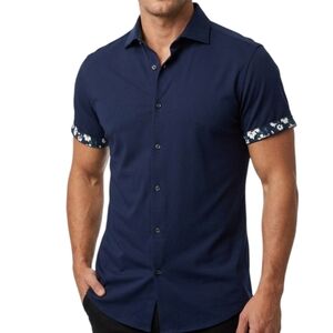 Cactus Man Ricky Singh Navy Blue Floral Trim Short Sleeve Button Up Shirt Large